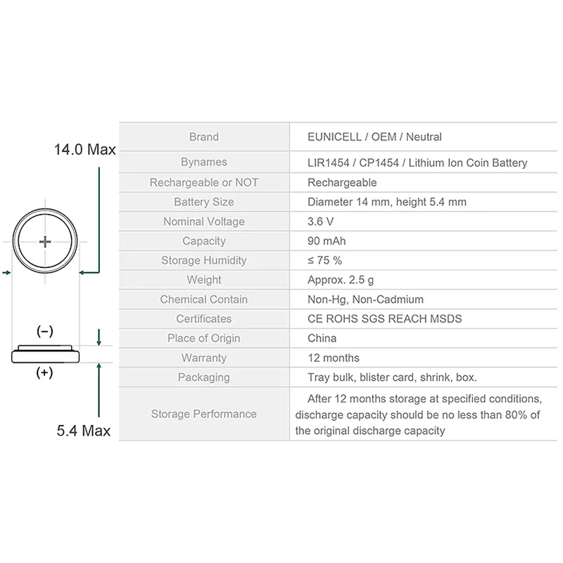 Eunicell High quality CR1454 CP1254 3.6V Li-ion LIR1454 lithium battery for wireless earphone
