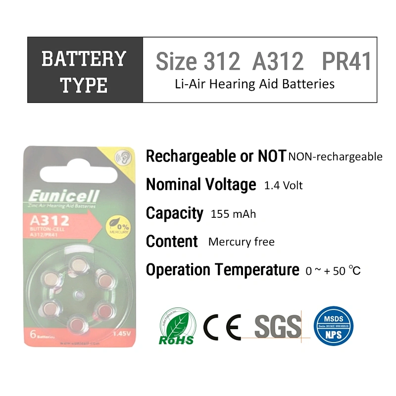 Mercury Free PR41 P312 Hearing Device Cell A312 Batterie 312 Hearing Aid Batteries