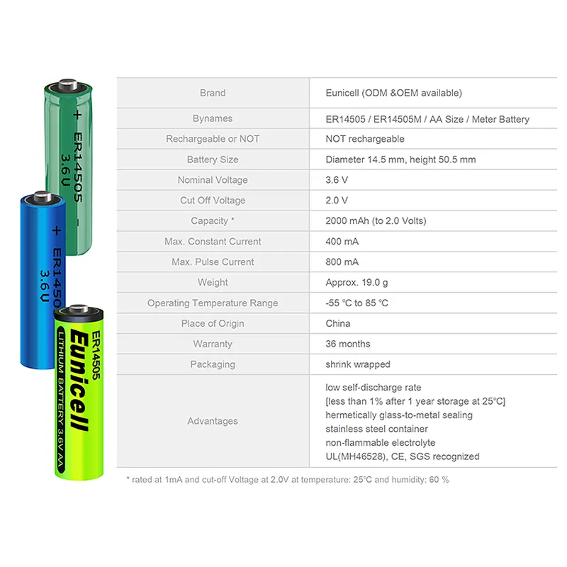Eunicell  ER14505 LS14500 STD AA BATTERIES 3.6V BOBBIN CELL LiSOCl2 LITHIUM