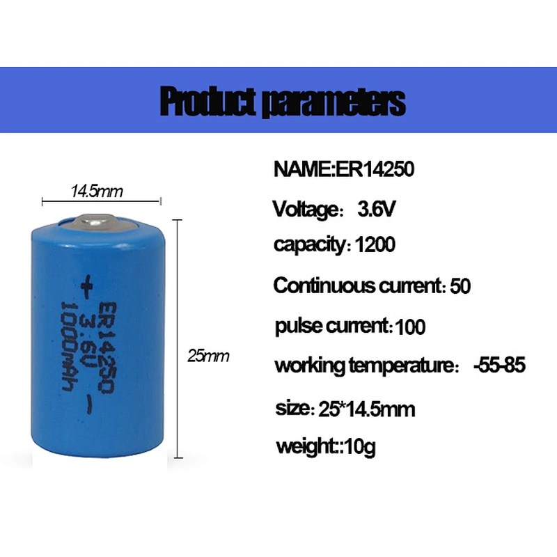 1/2 AA Size 3.6V 1200mAh ER14250 Primary Lithium thionyl chloride Battery for GPS