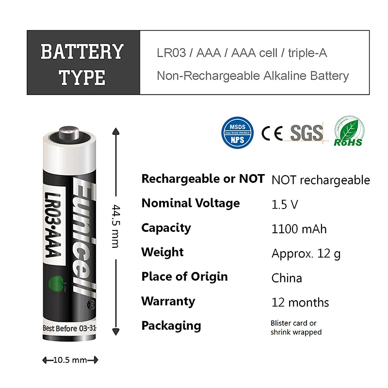 Hot selling Primary 1.5V AAA LR03 alkaline battery in high performance