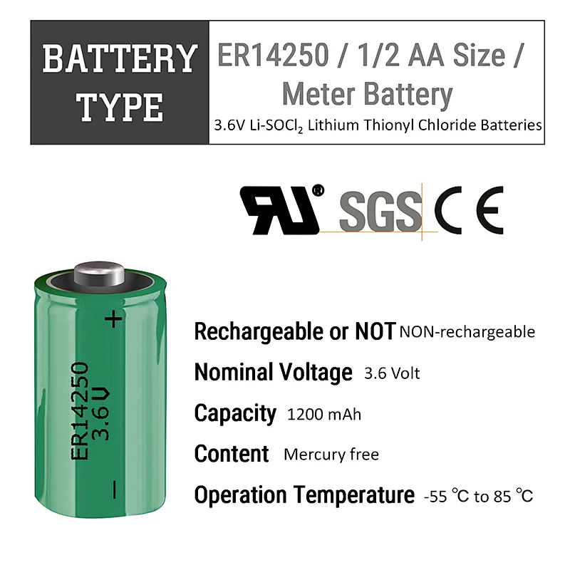 Super ER14250 3.6V 1/2AA with wire Lithium Battery 1/2AA Size ER14250H with lead / cable / wire