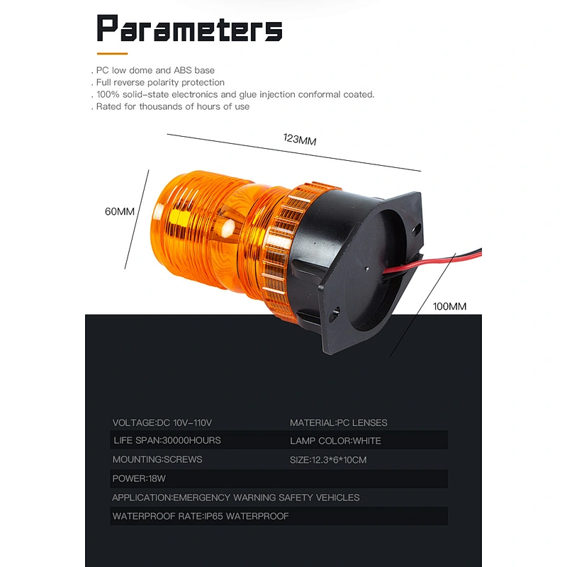 Auto Lighting System Beacon Lamp DC10-80V Forklift Truck Led Strobe Light for Vehicles Yellow White Red Blue Certification:Emark R65 CE RoHS
