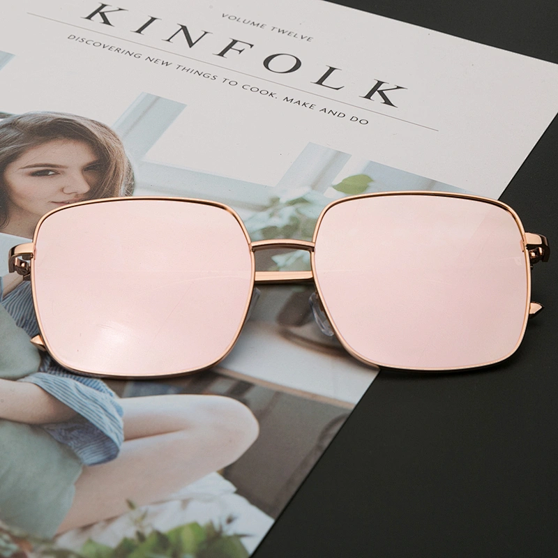 Metal fashion ladies square oversized pink mirror sunglasses