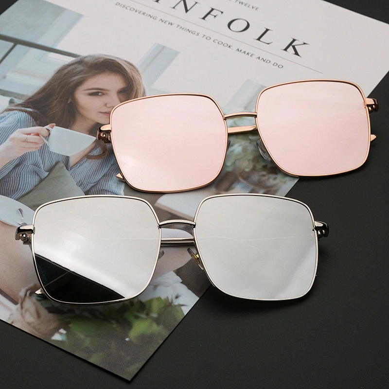 Metal fashion ladies square oversized pink mirror sunglasses