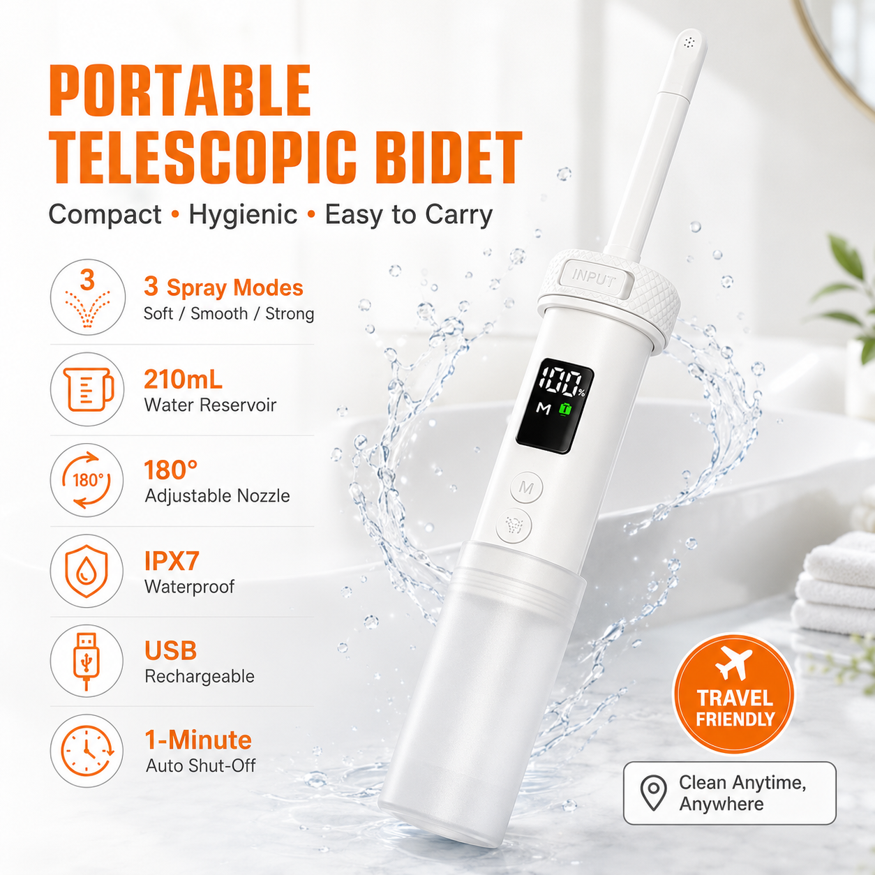 210ml Portable Bidet Electric Travel Bidet Digital Display USB-C Rechargeable IPX7 Waterproof Handheld Peri Bottle Sprayer
