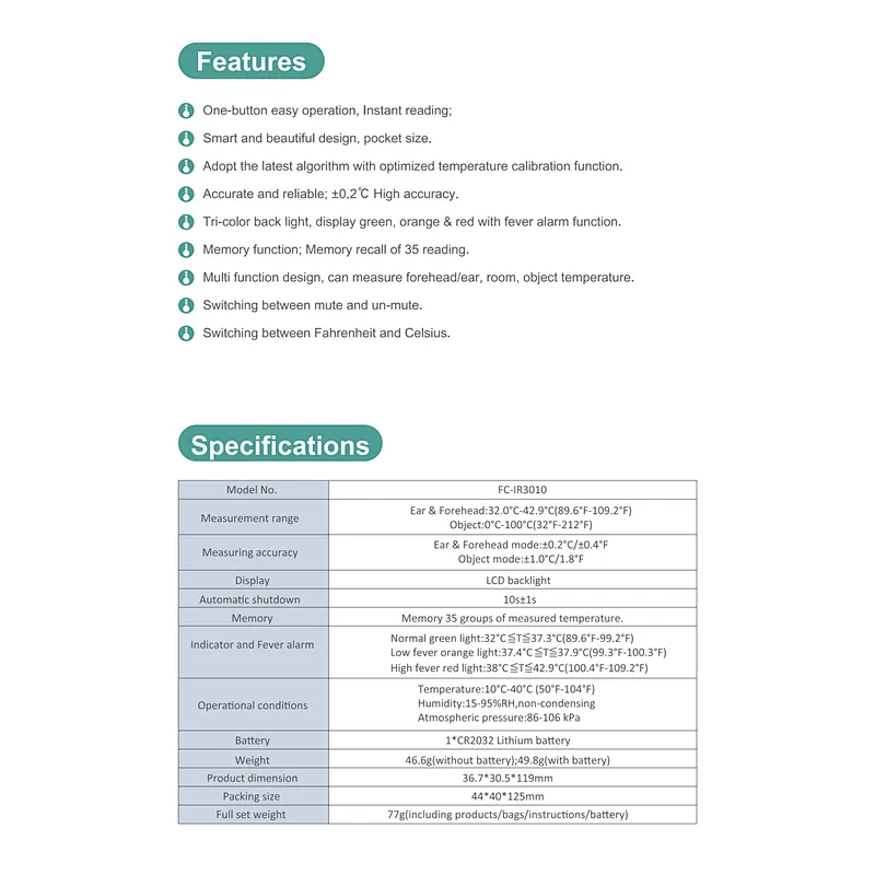 FC-IR3010 Forehead  & Ear Infrared Thermometer
