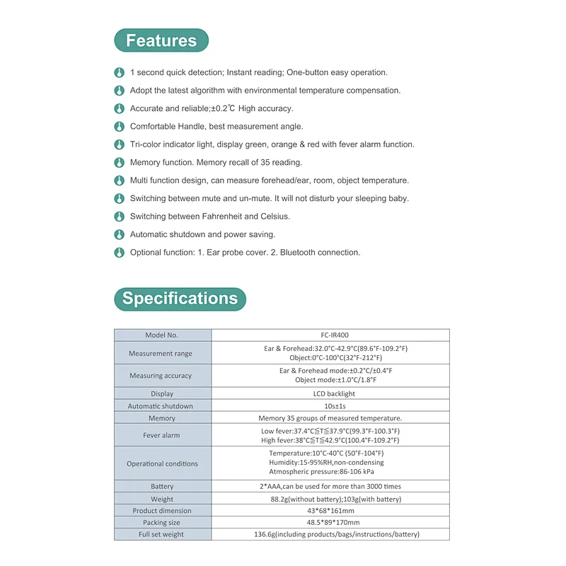FC-IR400 Forehead  & Ear Infrared Thermometer