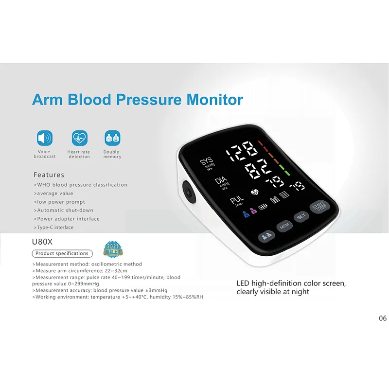 U80X Arm Blood Pressure Monitor-LED high-definition color screen,  clearly visible at night