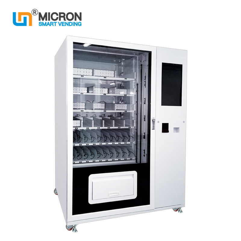 Micron export Europe, máquina expendedora de bebidas alcohólicas y snacks combinados con ascensor y lector de tarjetas de pago con monedas