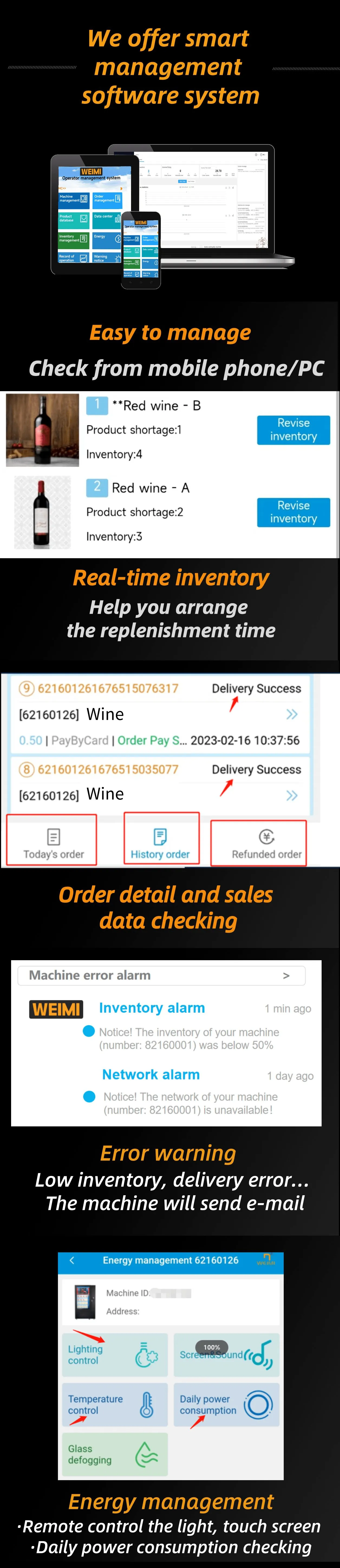 wine vending machine is equipped with smart management software system, help the machine operator to control the machine remotely