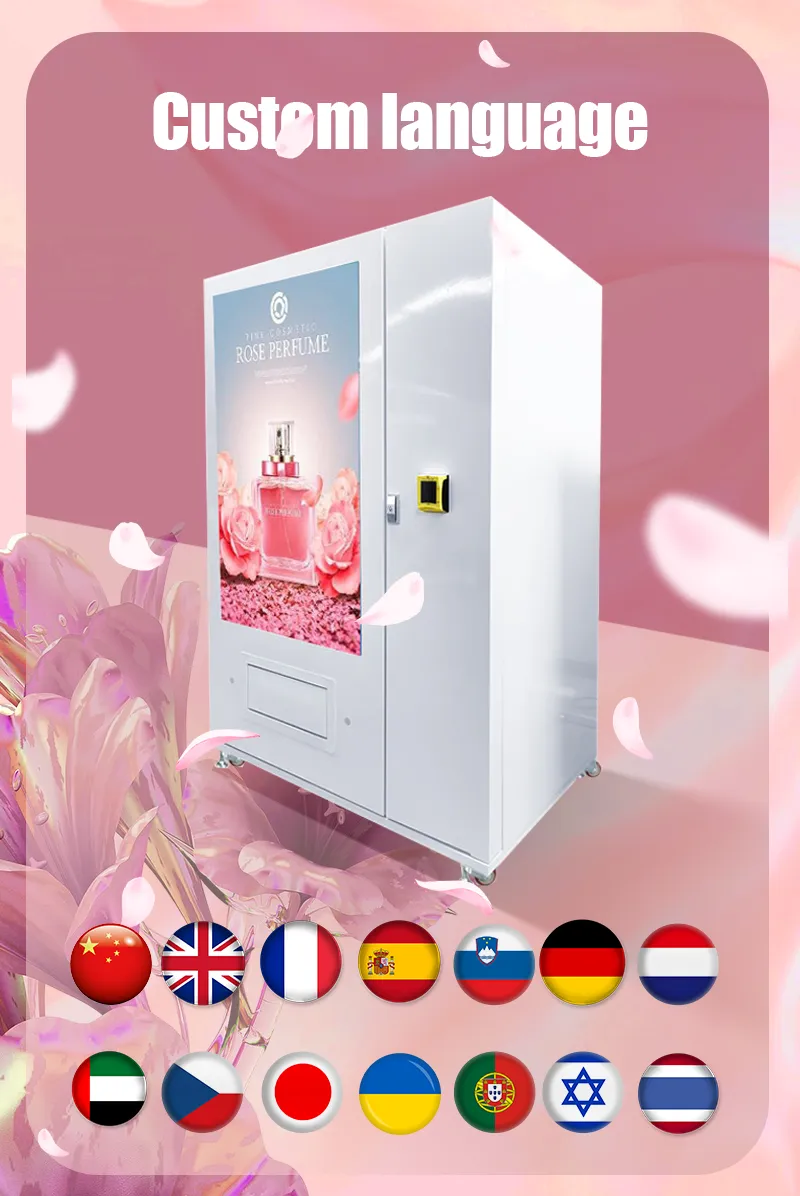 Micorn perfume vending machine with large touch screen, customer can touch to buy and use the shopping cart
