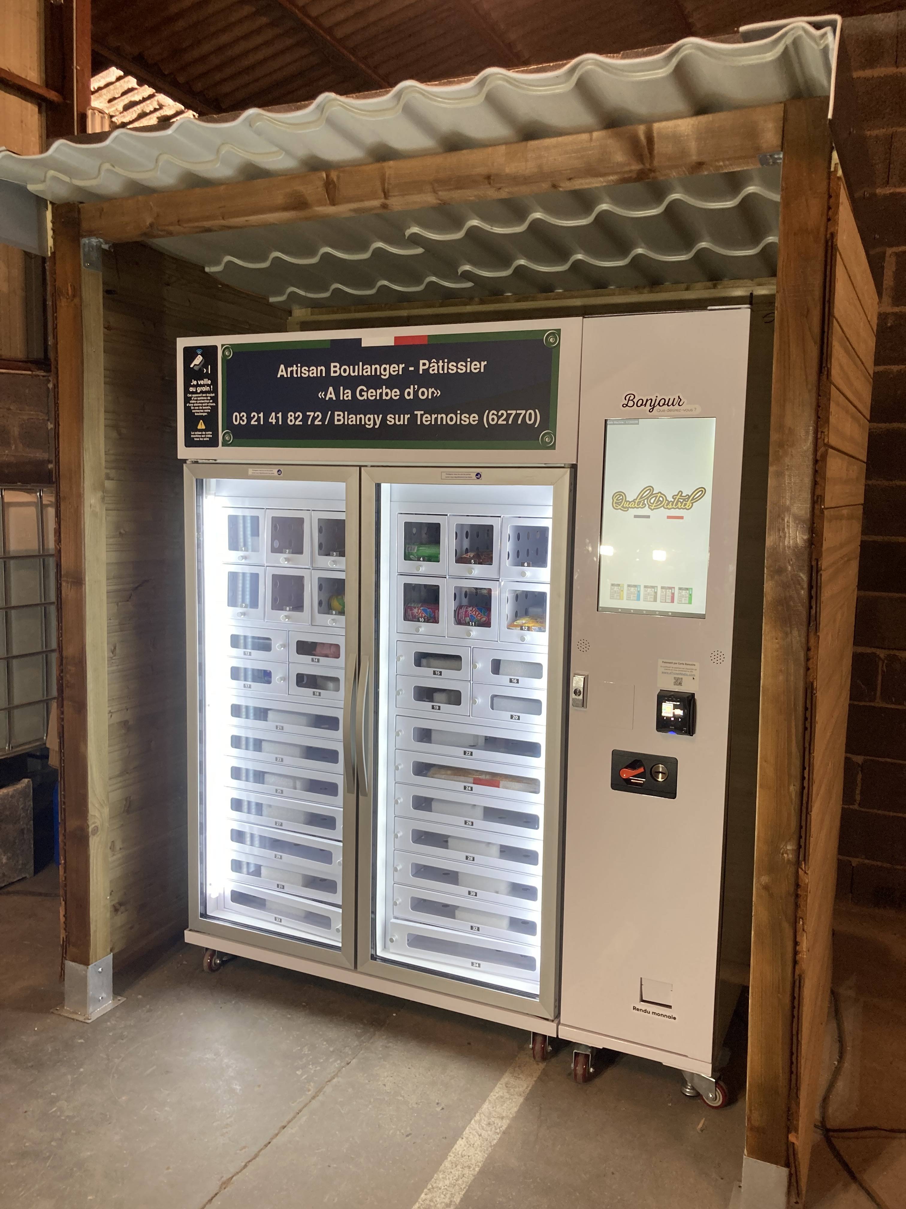 Micron smart cooling locker vending machine. Bread cake vending machine in France. Micron smart bread cake vending machine, especially designed for fragile products as bread, cake, glass bottle drink and flower. With smart management system, you can start your business very easy and quickly.