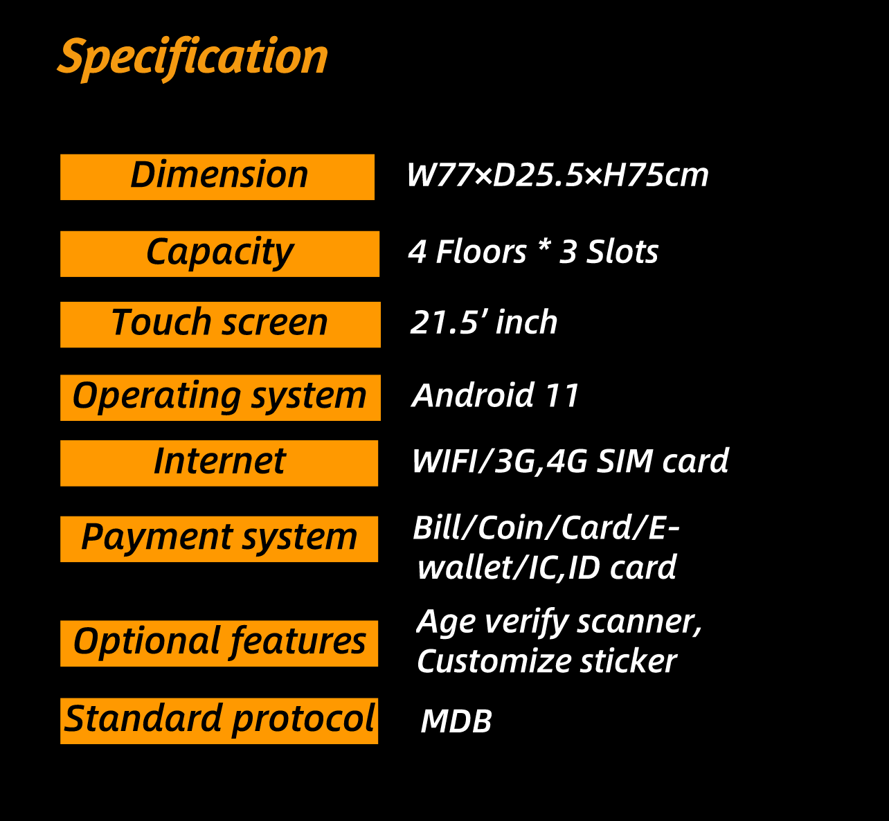 Specification of the wall mounted E-cigarette vending machine