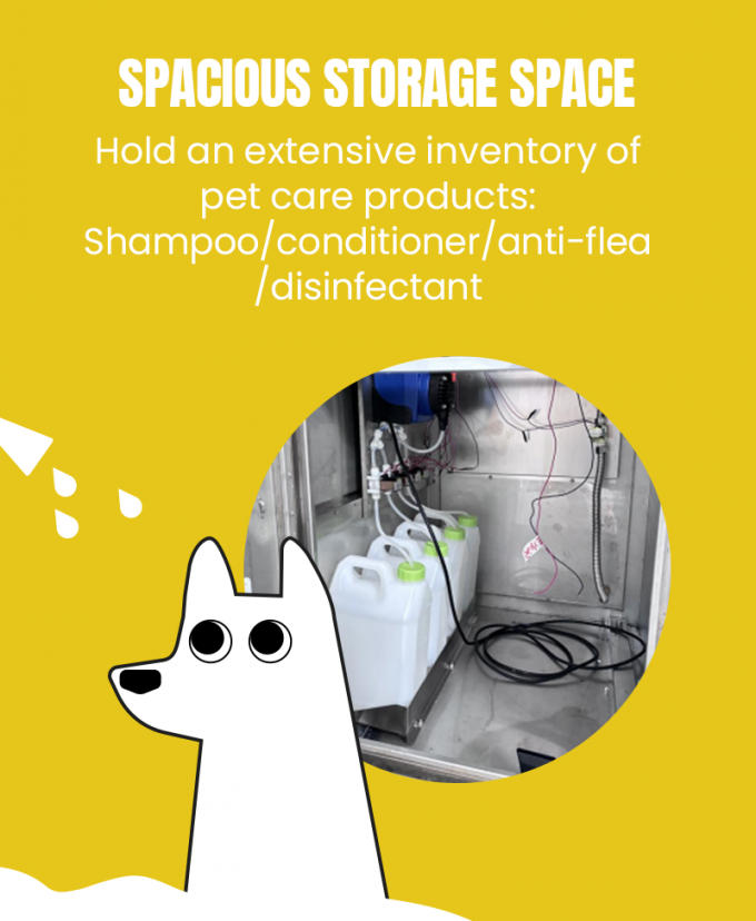 There are 4 tanks in the dog wash machine, can hold shampoo/conditioner/anti-flea/disinfectant.