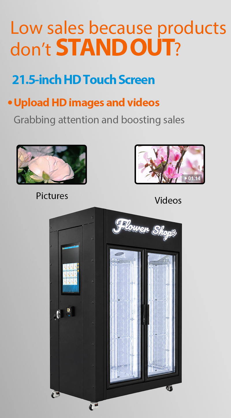 This flower vending machine has a 21.5-inch touch screen,can upload images and videos to attract customers.