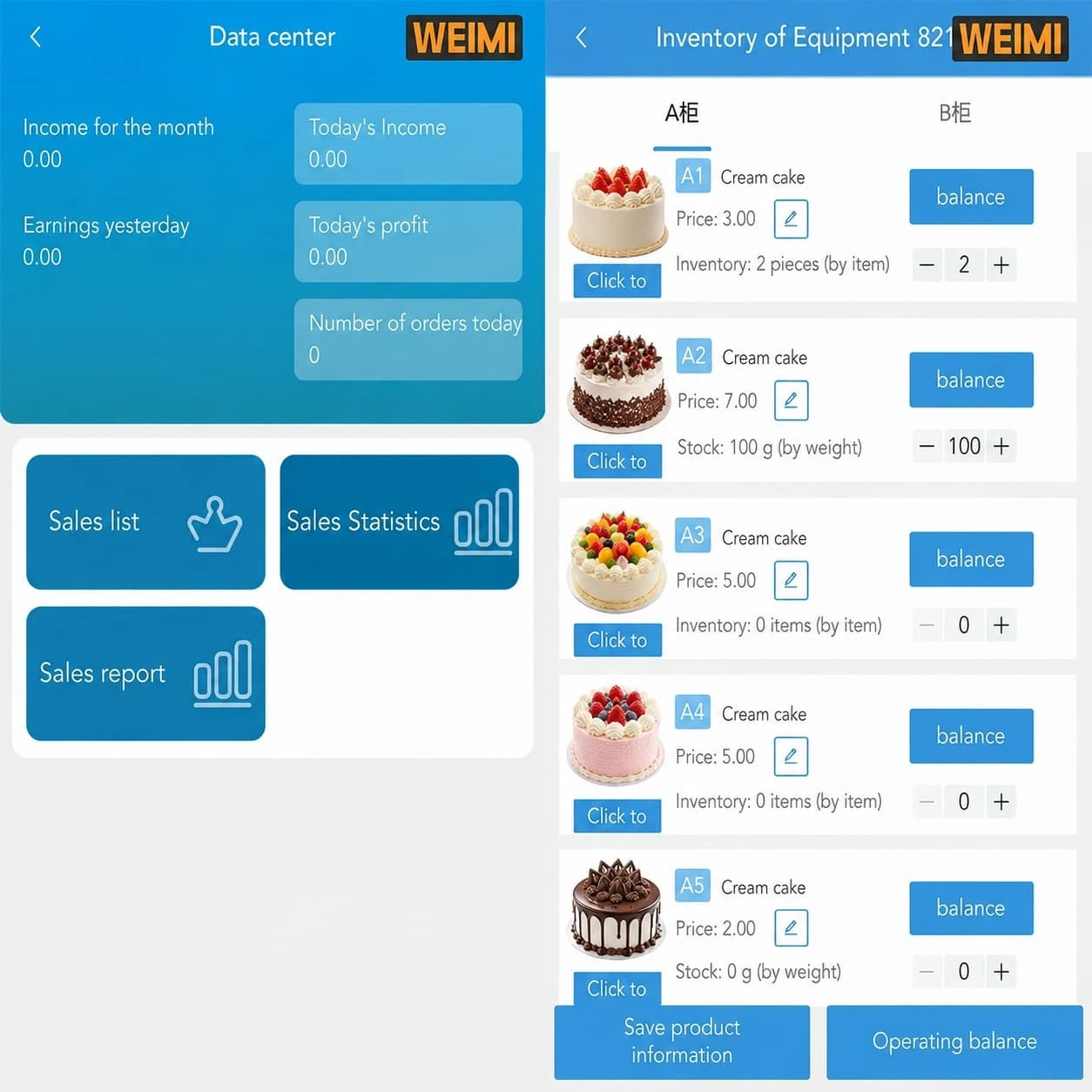 You can check the inventory and sales data of this cake vending machine.