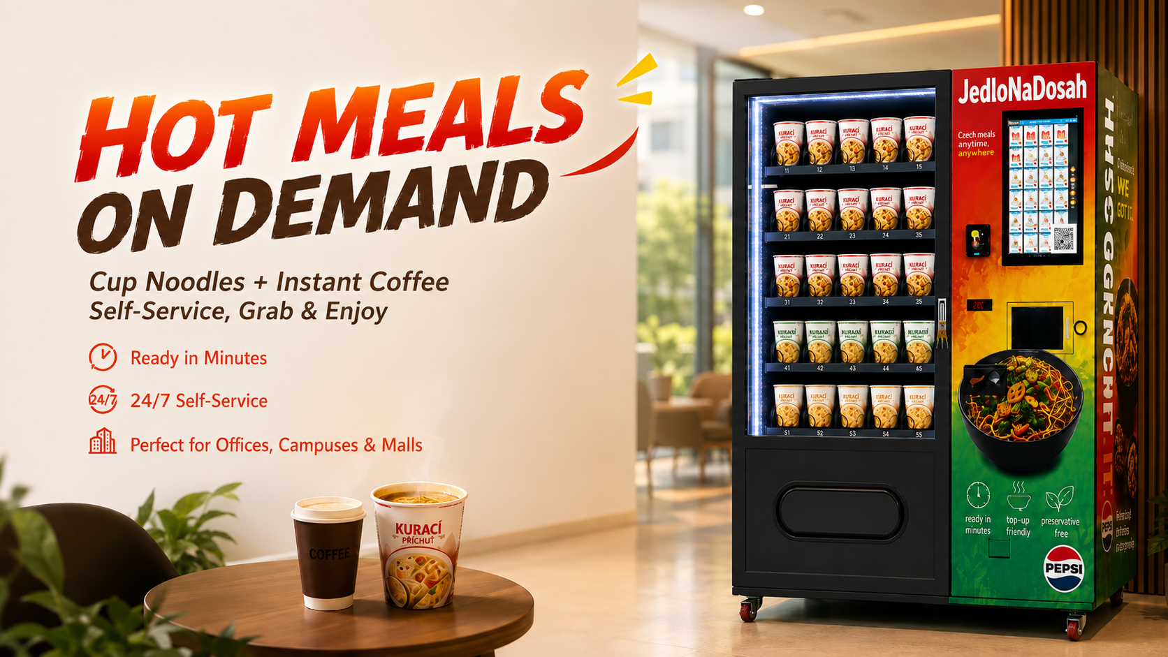 This hot food vending machine is suitable for selling cup noodles and instant coffee.