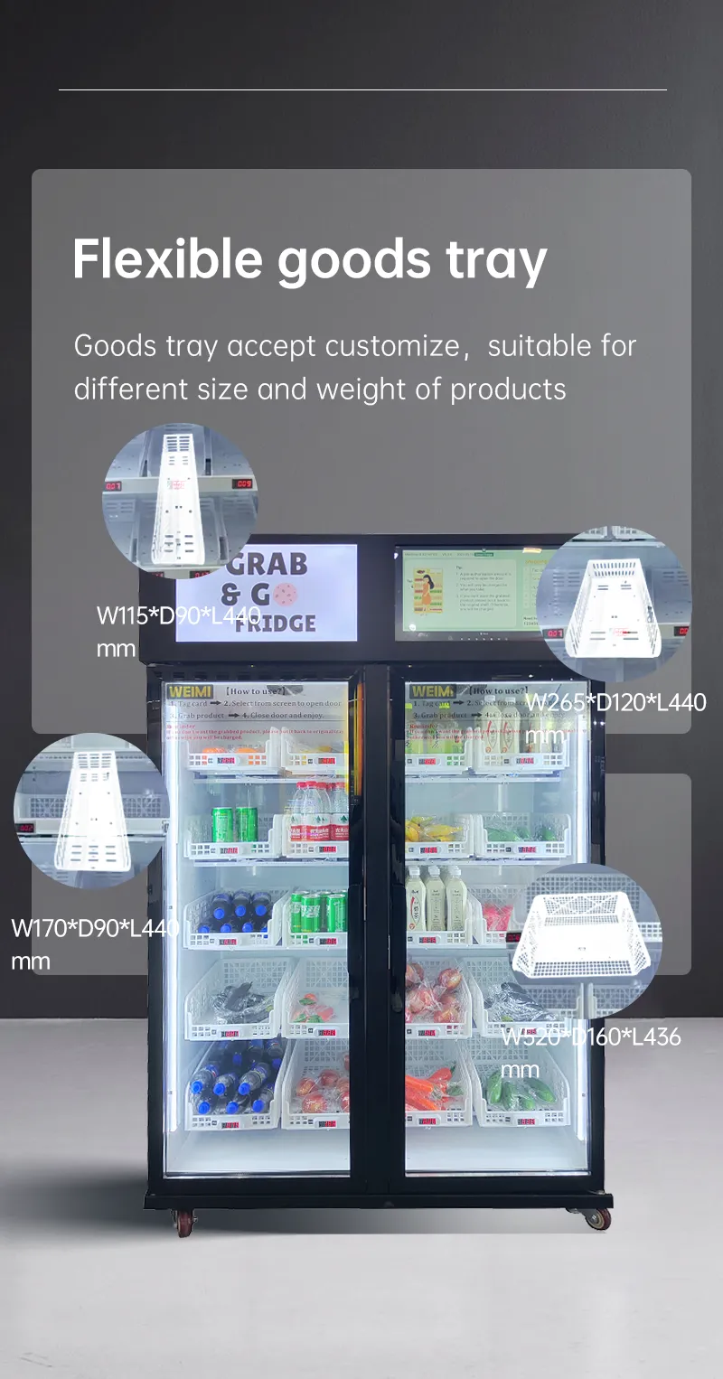 Micron smart fridge snack and beverage vending machine can be customized like goods tray, we offer four types of different size of the baskets