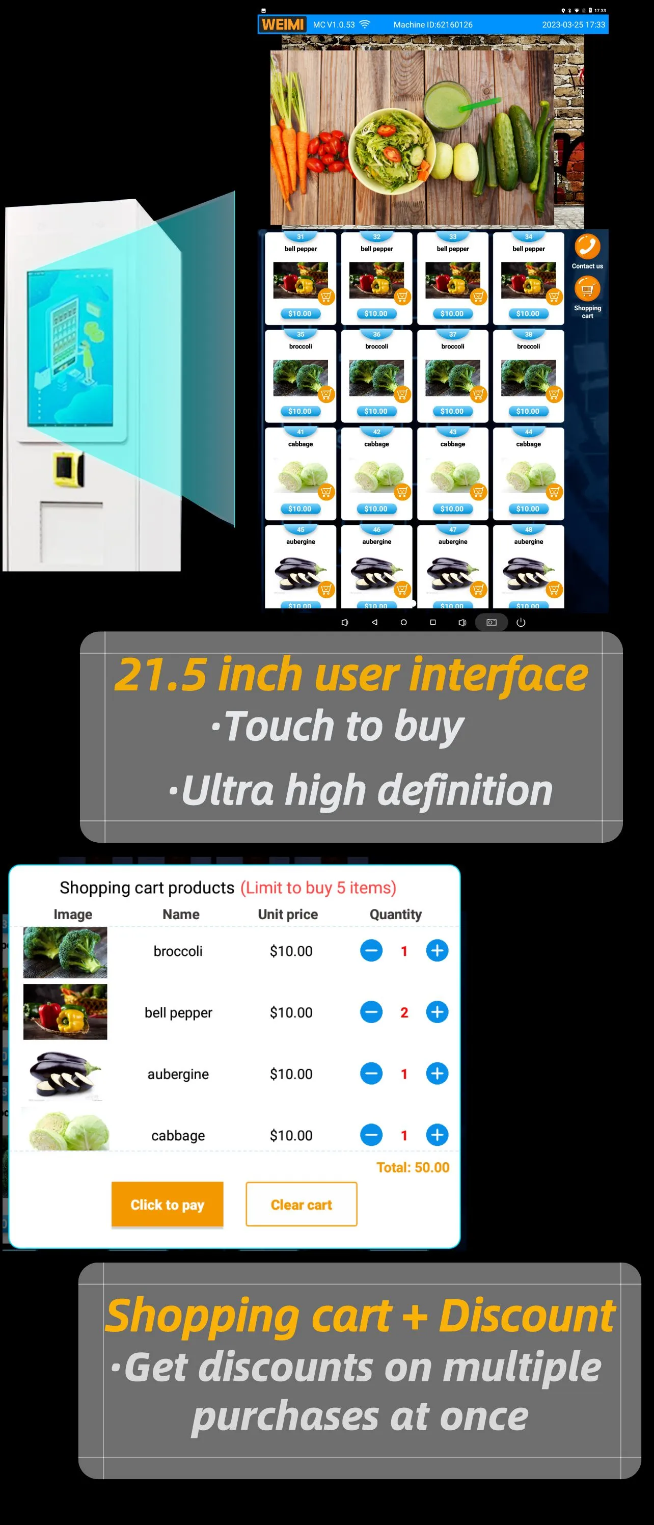 fruit vegetable vending machine has 21.5 inch touch screen, customer can touch the screen to select products they want.