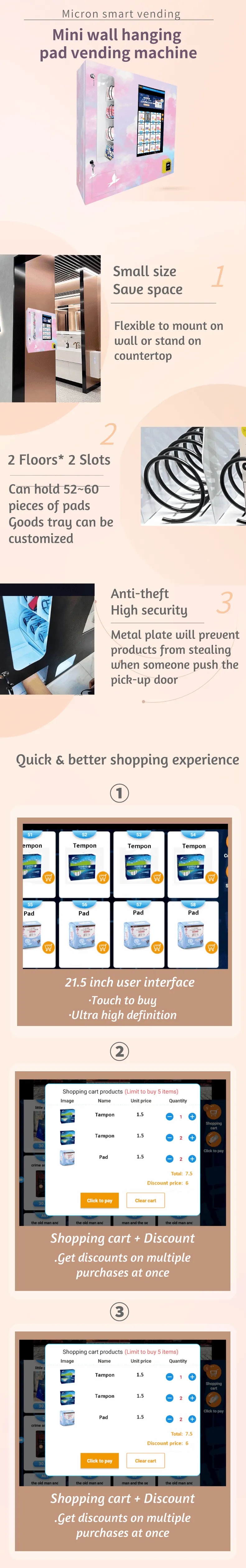 Micron Mini Sanitary Vending Machine for feminine hygiene products, such as pads, tampons and napkins in hotel workplace restroom washroom... with a membership system for employees to pay by IC/ID card, and a vending system for customers and visitors to pay by cash coin credit card. 24/7 respond to feminine needs.