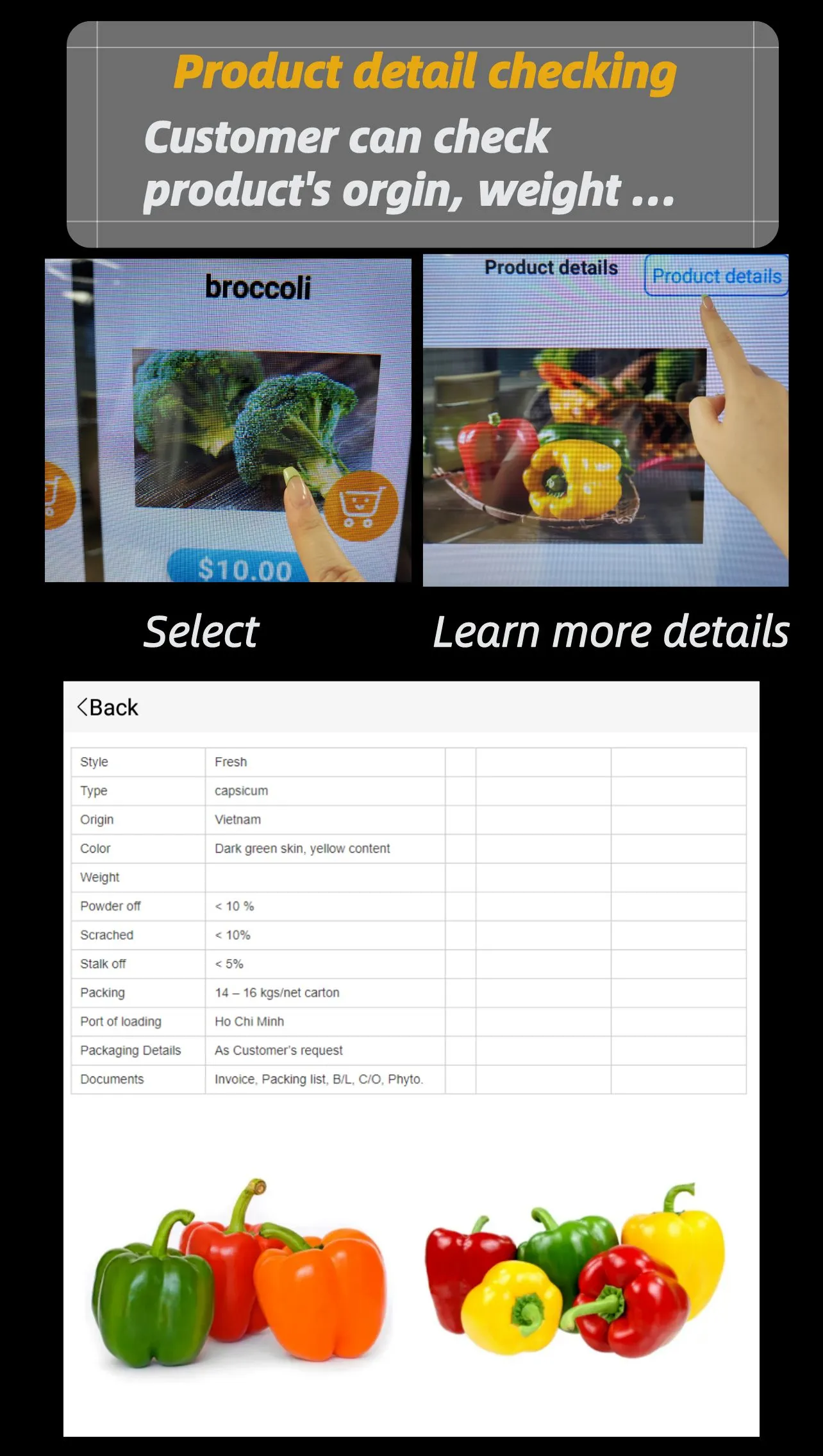 micron fruit vending machine is equipped with smart software system, it support customer to check products details on the vending machine's touch screen.