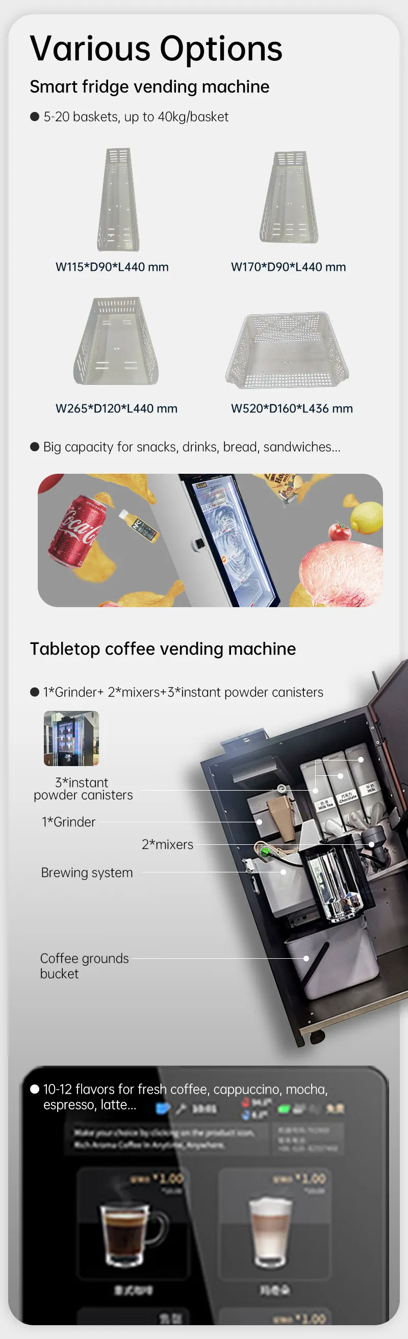 Micron smart fridge vending machine has various options of goods tray, and coffee vending machine has a various of flavors