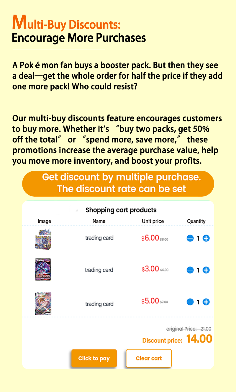 weimi pokemon center vending machine with discounts on multiple buys on products. retailers can set discounts independently in the backend to encourage customers to buy more