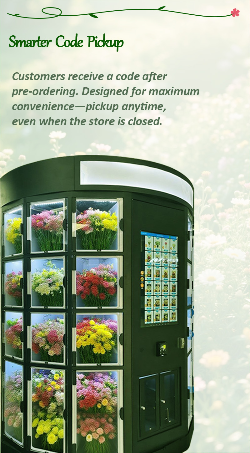 Customer can use pickup code to collect their pre-ordered bouquet on this flower vending machine.