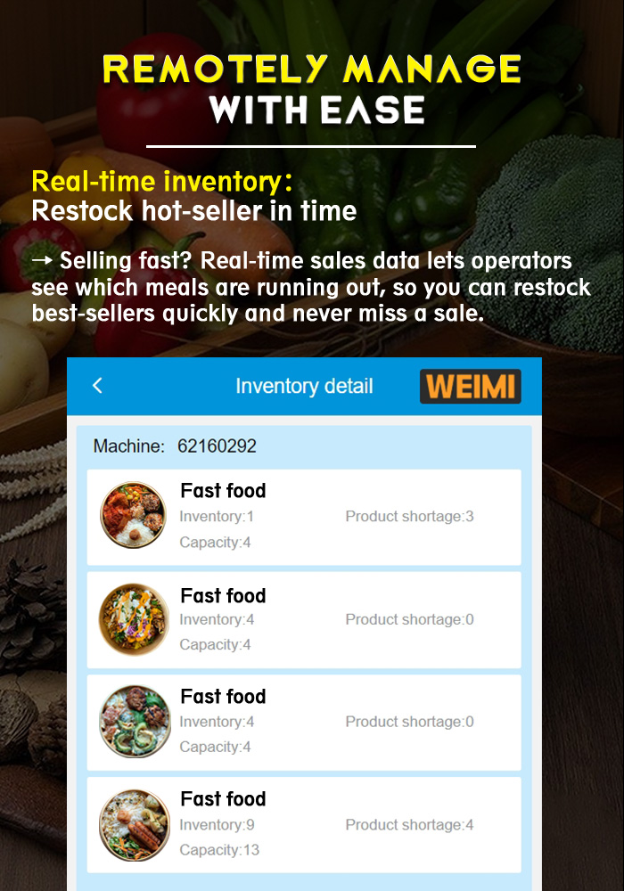You can check the inventory of this hot food vending machine remotely.