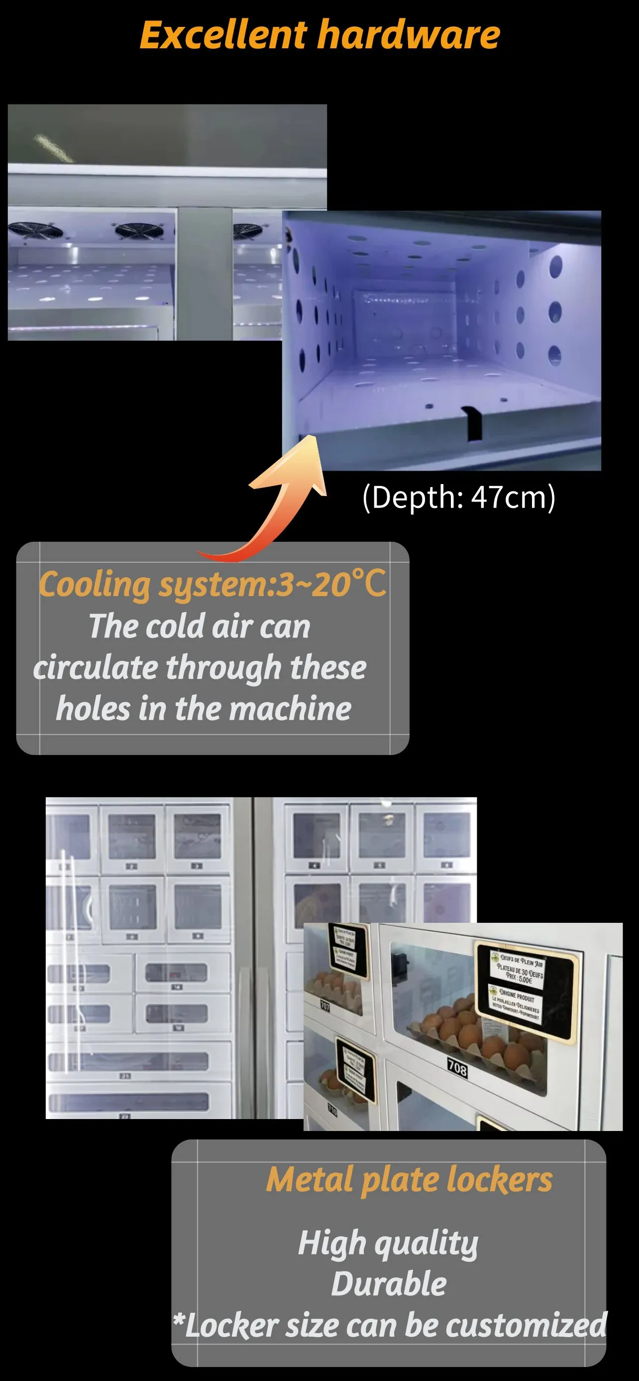 cooling locker fruit vegetable vending machine is use excellent hardware like metal plate and high efficiency cooling system.