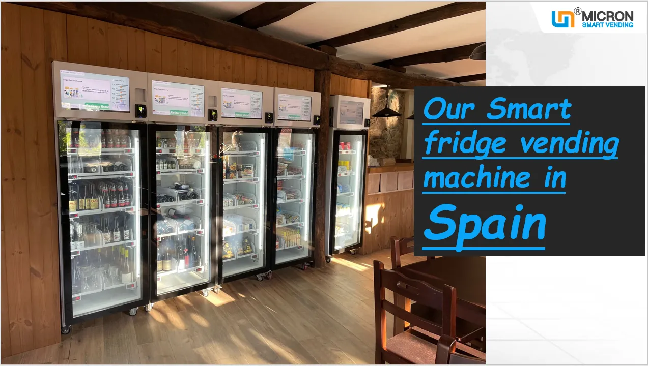 Beer wine vending machine in Spain This grab n go smart fridge vending machine is suitable for most kinds of product like snack drink egg sandwich fruit vending machine and glass bottle drink like wine beer, it has cooling system to keep products fresh