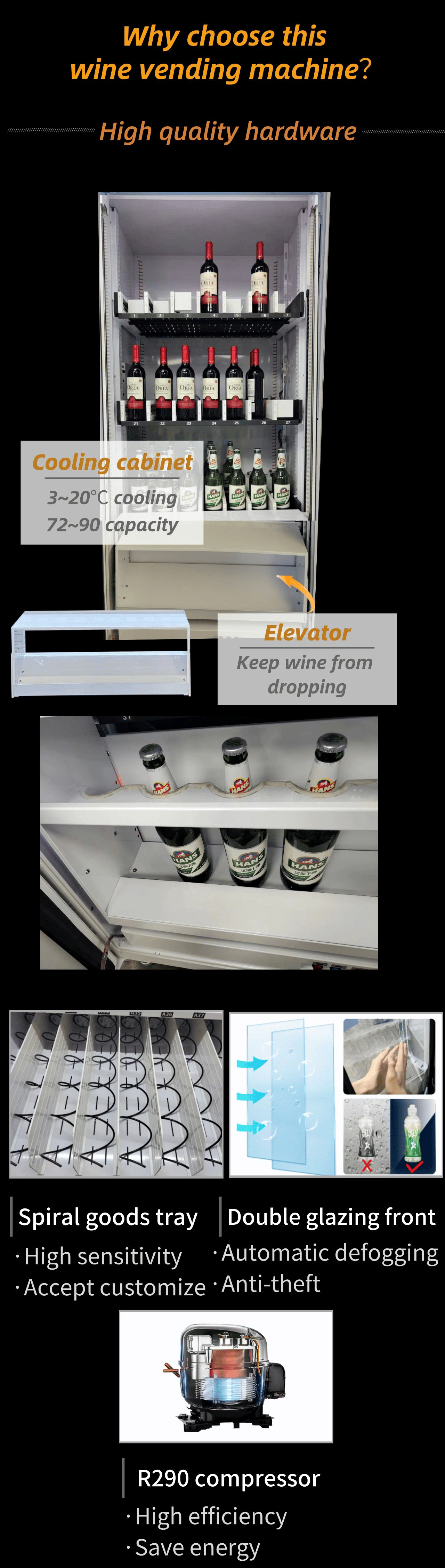 Micron wine vending machine with elevator system, this vending machine is suitable for glass bottle drink, elevator will deliver wine to pick up box