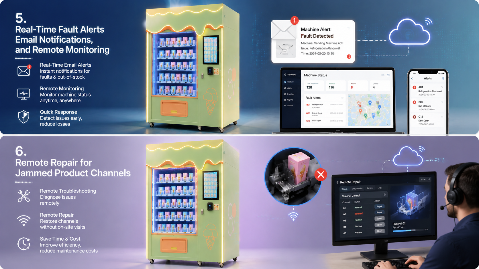You will receive the email alert when this ice cream vending machine meet any issue.