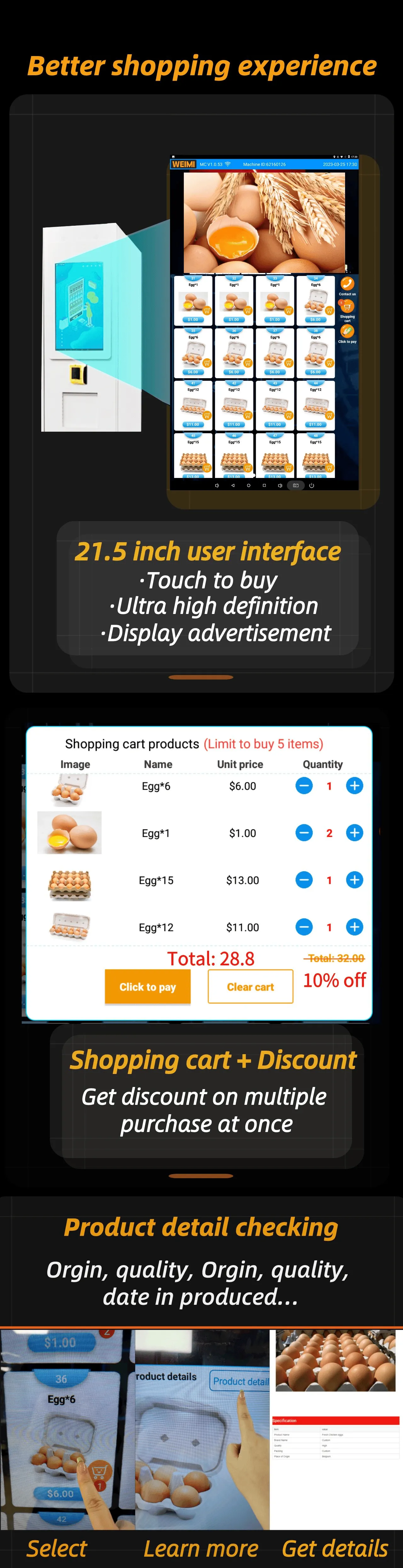 our egg vending machine has better shopping experience, it has 21.5 inch user interface