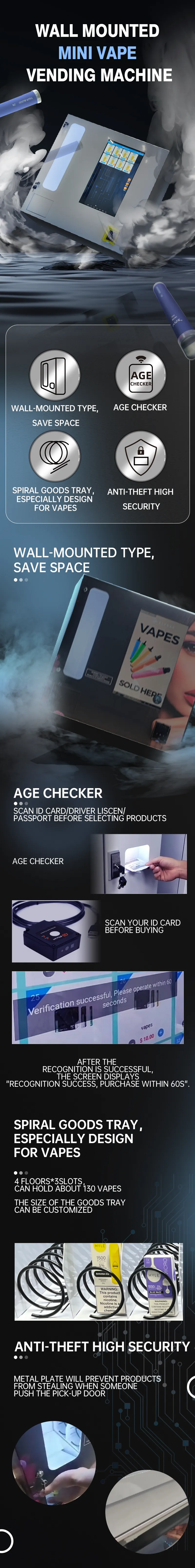 The Micron Smart Wall Mounted E-cigarette vending machine is a compact and efficient vending solution for businesses looking to offer a range of e-cigarette and vape products to their customers.
