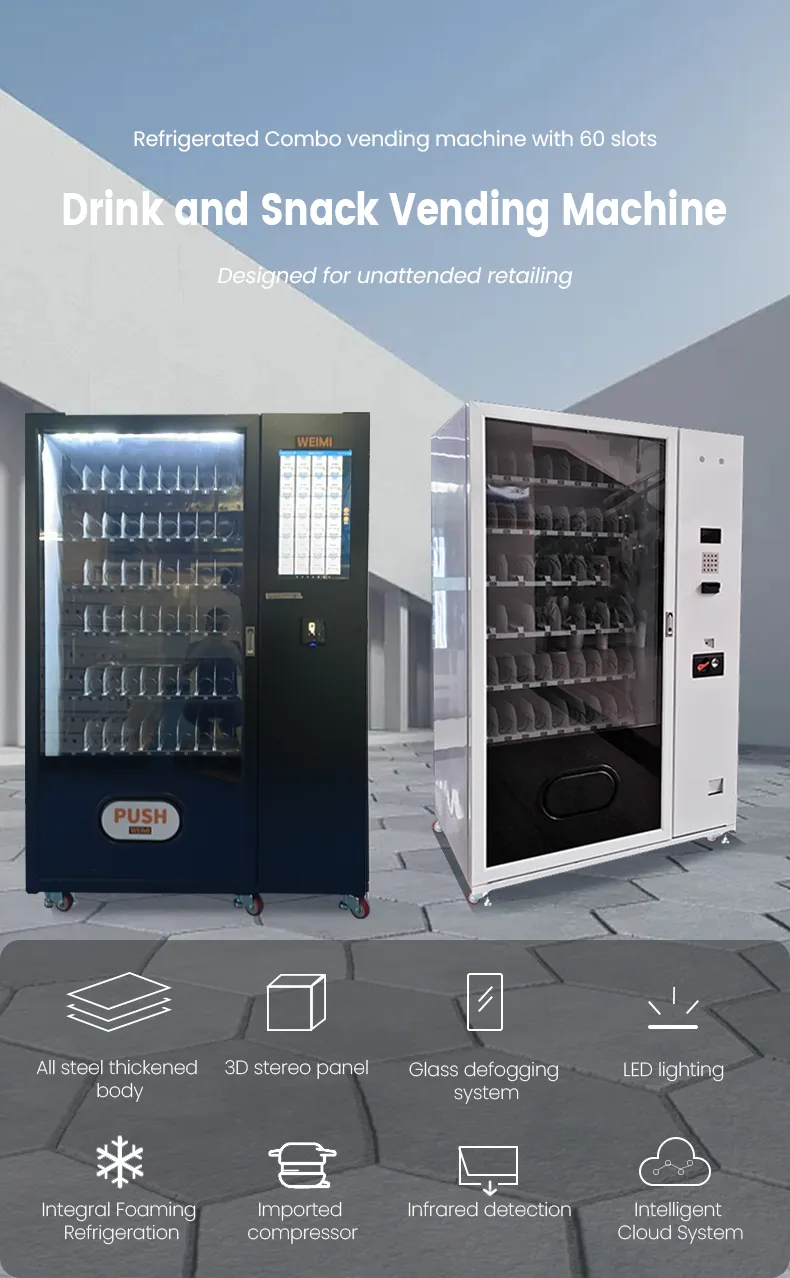 micron smart combo snack drink vending machine offer customer better shopping experience, 21.5 inch touch screen support shopping cart and discount.