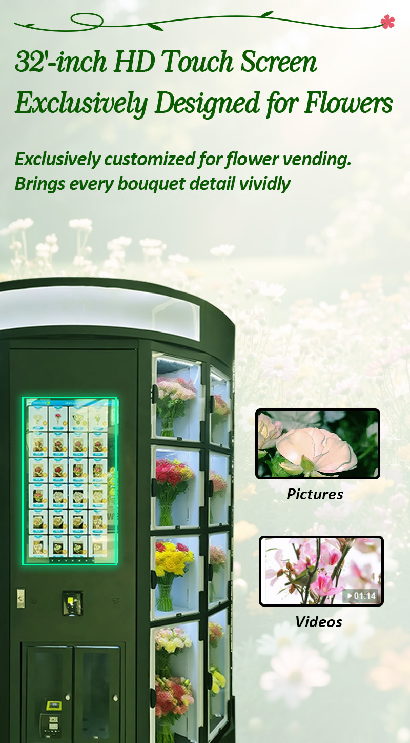 This flower vending machine has a 32-inch touch screen can play the ads.