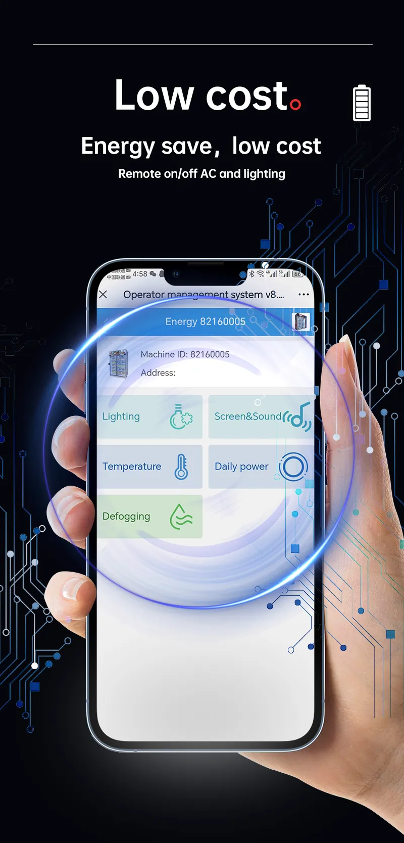 Micron smart fridge snack soda vending machine use high efficienct compressor and R290 gas, with its smart management system, operator can remote control the machine's light, AC, that's also a good way for saving energy