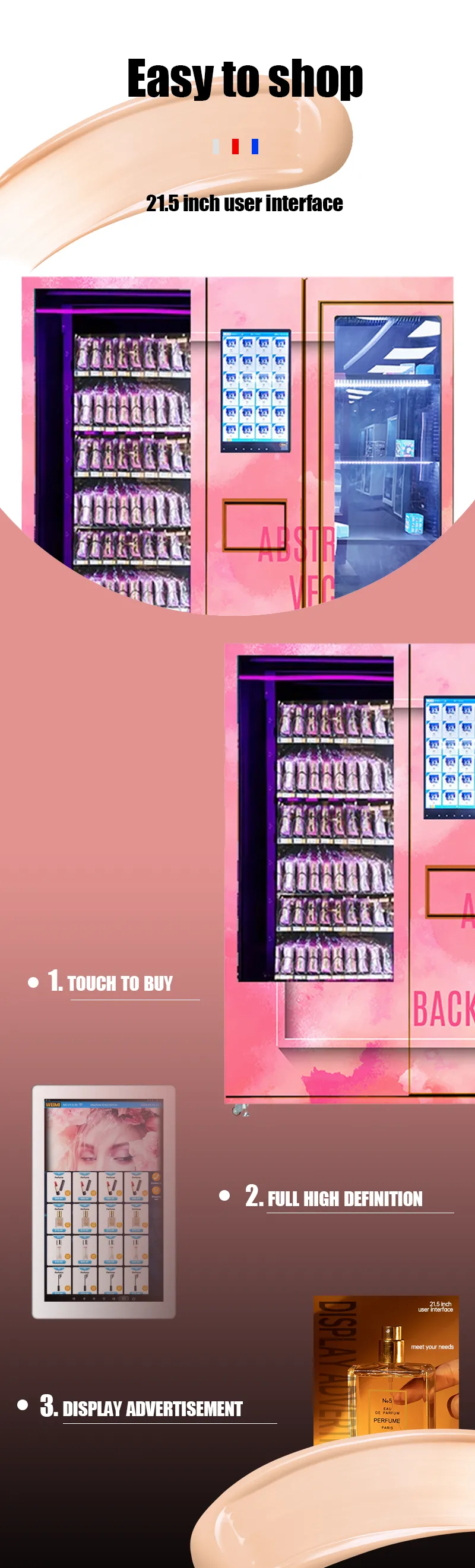 micron cosmetic beauty vending machine is easy to use, with its 21.5 inch user interface, customer can view products details and select products