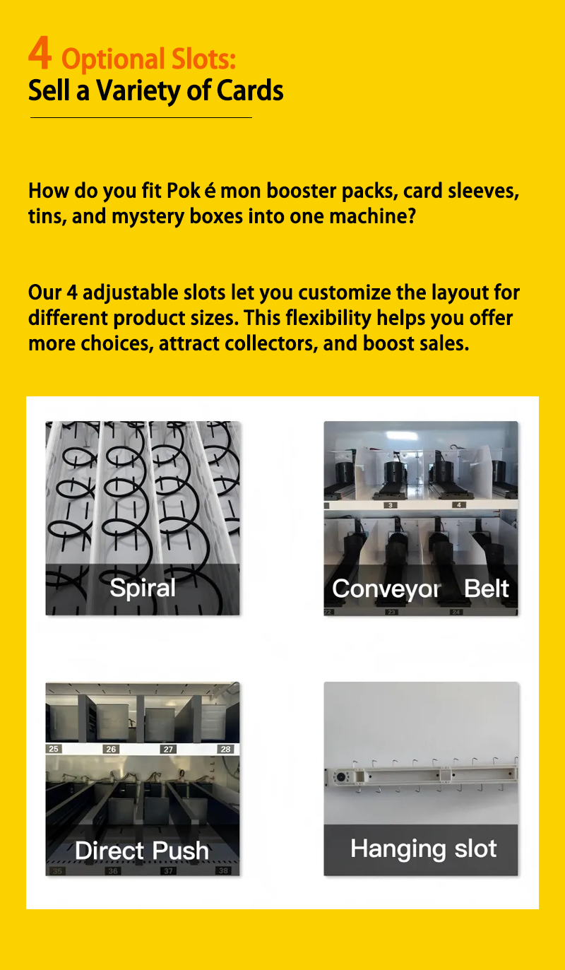 trading card vending machine support change Flexible slots,spiral,conveyorbelt,pusher,or hangingtailored to your products