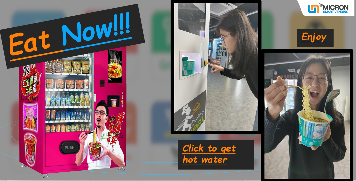 Máquina expendedora de ramen de fideos en taza con suministro de agua caliente y lector de tarjetas, sistema de pago con billetera electrónica