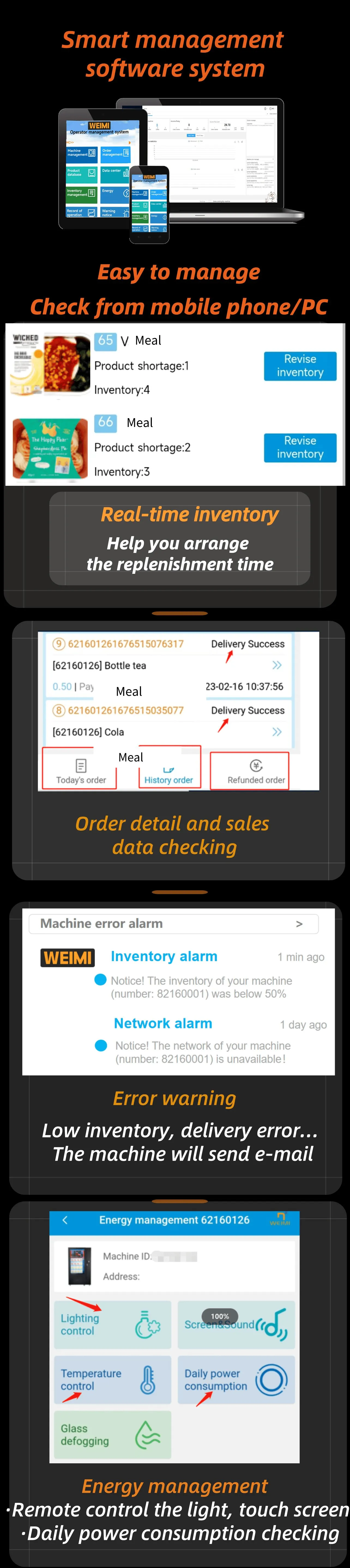 weimi smart egg vending machine is support smart management software system, operator can remote control the machine on thier mobile