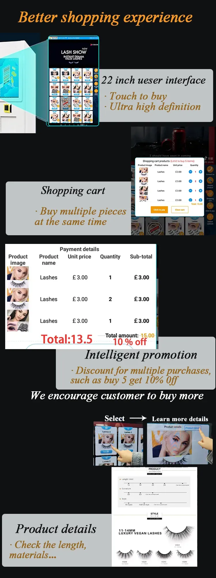 Micron beauty eyelash vending machine offer better shopping experience, this vending machine with 21.5 inch touch screen, so customer can selecet products on the screen.