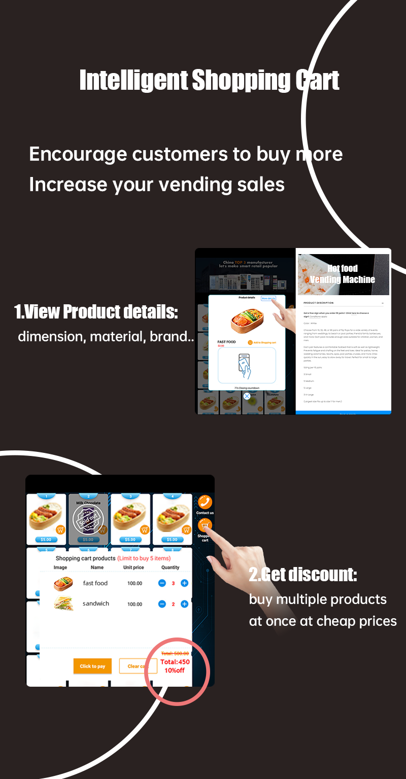 micron smart hot food vending machine with microwave has intelligent shopping cart to offer better shopping experience. Customer can view the products details and get discount