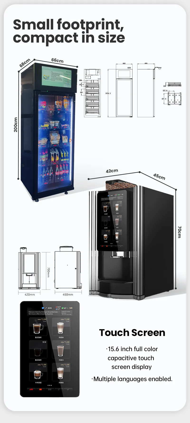 Micron smart fridge coffee vending machine has smart and friendly user interface, customer can easy to get their snack and coffee from the touch screen.