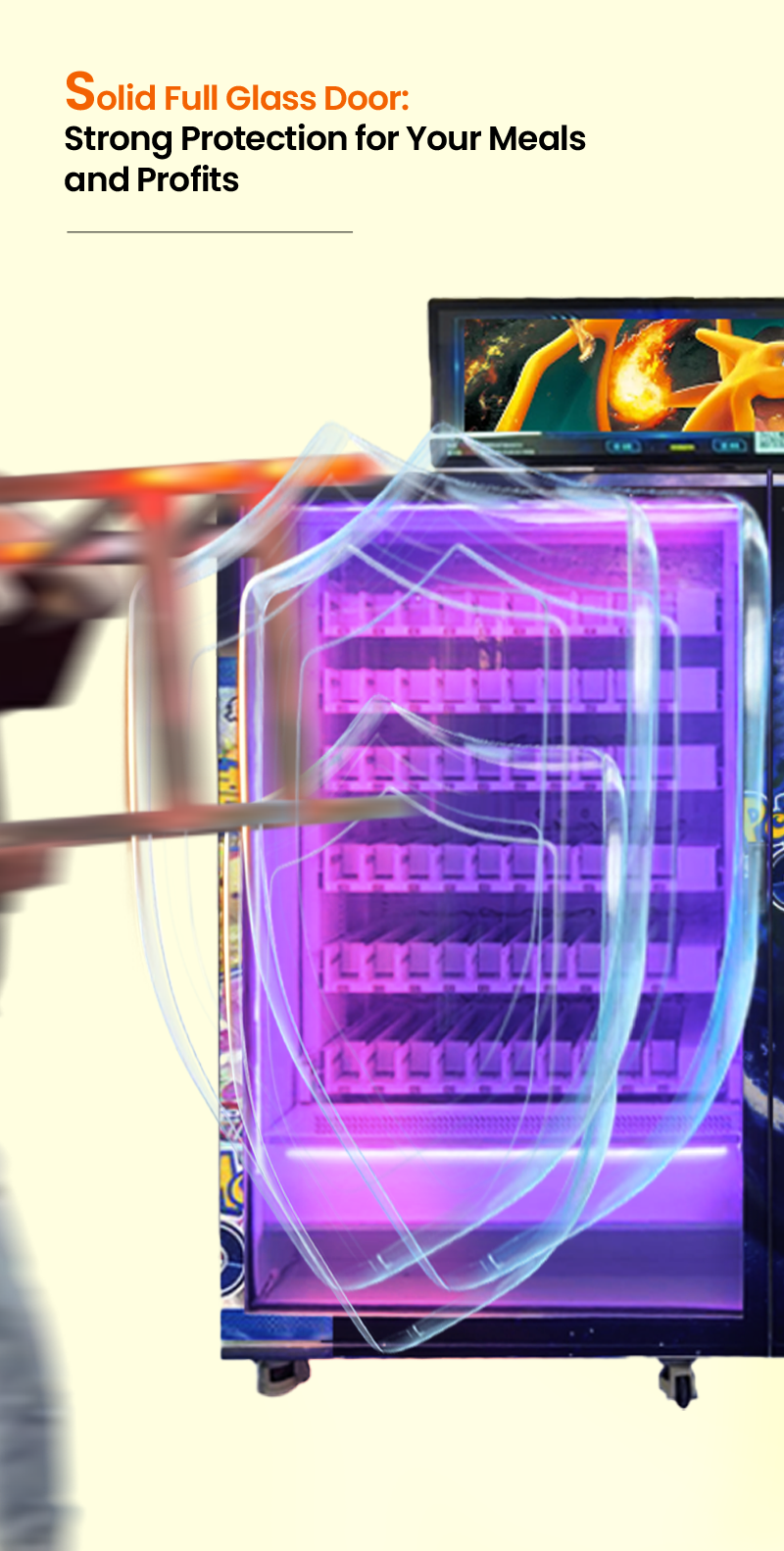 weimi pokemon tcg vending machine with solid full glass door, providing strong protection for retailers products, and prevention of theft loss