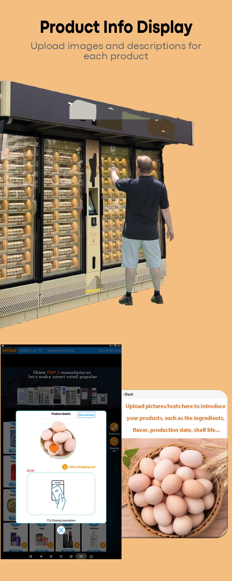 Customers can check the product detail on the big touch screen of egg locker vending machine