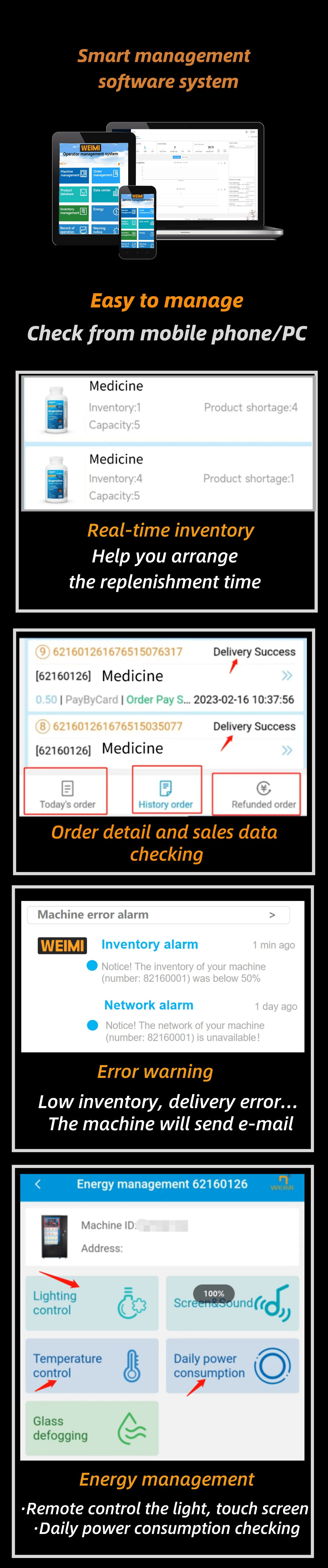 smart operating system for Medicine Vending Machine 24-hour pharmacy, easy to check medicine inventory and sales data, manage energy