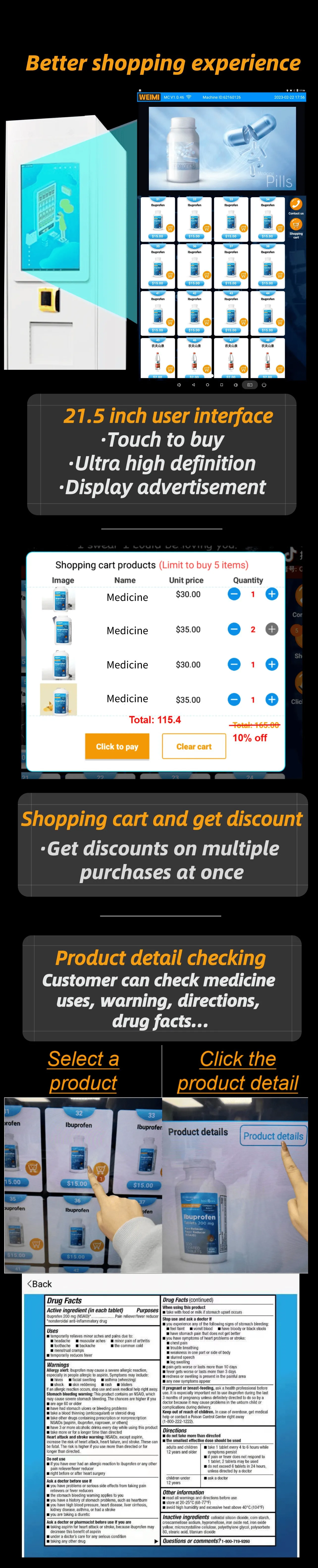 Micron smart medicine vending machine can check product detail, so customr can check medicine's uses, warning, directions, drug facts...